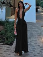 Kliou Halter fruncido mujeres Maxi vestido clásico sólido cuello bajo espalda descubierta elegante Simple bata femenina High Street Vestidos de vacaciones - details 19