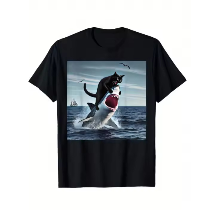 Camiseta gráfica 'Gato mordiendo tiburón' - Ajuste relajado, 100% algodón, manga corta, casual y cómoda, lavable a máquina, negra con diseño blanco y azul, tallas S-XXXL, ropa para todas las estaciones - 1