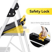 Escalera Plegable 3 Peldaños, Carga hasta 360 kg, con Bloqueo de Seguridad, Pedales Anchos Antideslizantes, Pasamanos, Escalera Doméstica Ligera de Acero Hogar Cocina Oficina Armarios, Blanco - details 3