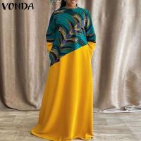 Vestido largo de talla grande 5XL VONDA Vintage estampado para mujer, vestido veraniego de fiesta con retales bohemios, vestido informal holgado de manga larga - details 3