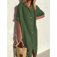 Vestido camisero largo de lino y algodón con botones de manga corta holgado informal elegante para mujer - details 3