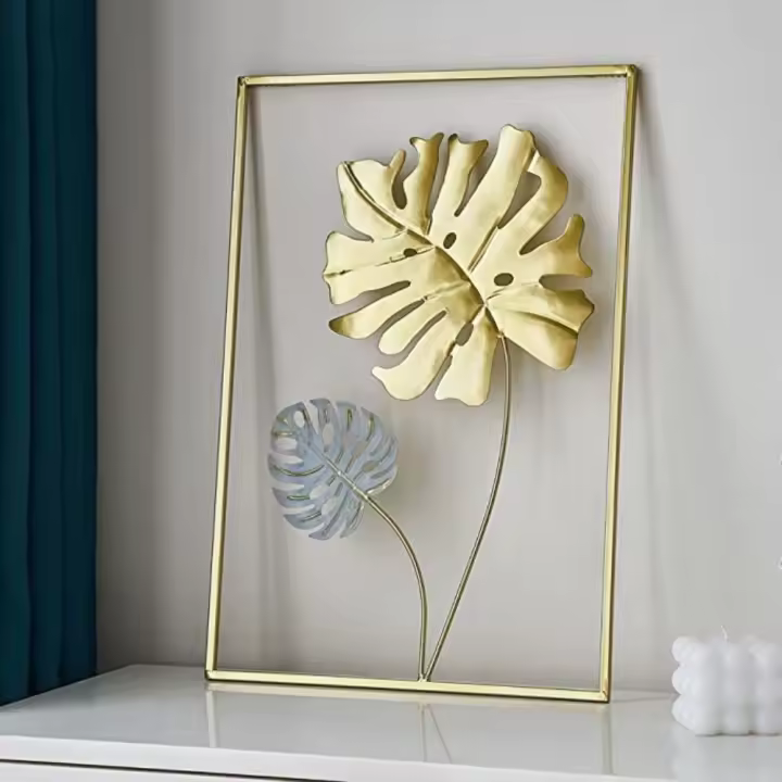 Decoración de pared nórdica para el hogar, colgante de pared de macramé, Metal redondo dorado, hoja de Ginkgo, pegatinas de pared, decoración decorativa de repisas de pared - 1