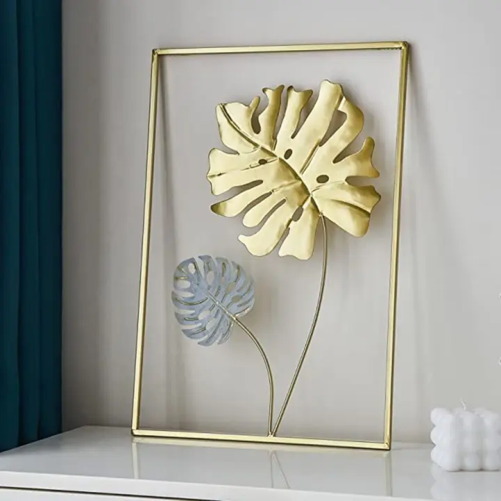 Decoración de pared nórdica para el hogar, colgante de pared de macramé, Metal redondo dorado, hoja de Ginkgo, pegatinas de pared, decoración decorativa de repisas de pared - 1