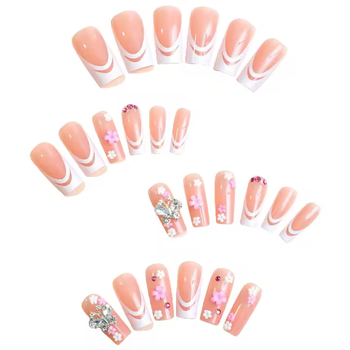 Blanco francés borde lazo taladro estilo uñas hojas flor manicura - 1