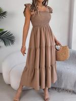 Escote cuadrado de verano con mangas anchas y pliegues, vestido informal de algodón transpirable para playa o uso diario, estilo bohemio - details 24