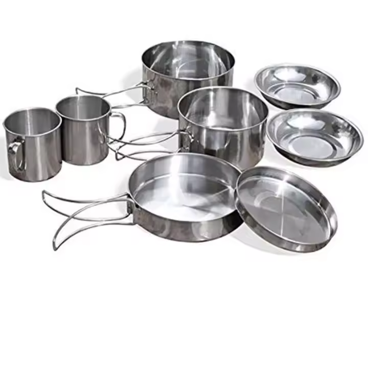 8 unids/set ultraligero de acero inoxidable olla de Picnic Kit de sartén para acampar al aire libre senderismo utensilios de cocina tazón cubierta de taza juego de cocina - 1