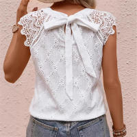 Ropa de mujer de talla grande, camiseta sin mangas con retazos de encaje bordado hueco blanco de 150kg, Top redondo - details 1