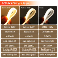 Tira de luces LED COB de neón, cinta de diodo impermeable con interruptor, enchufe de alimentación de la UE, CA de 220V, 288LED/m, FOB de alta densidad, RA90 - details 3
