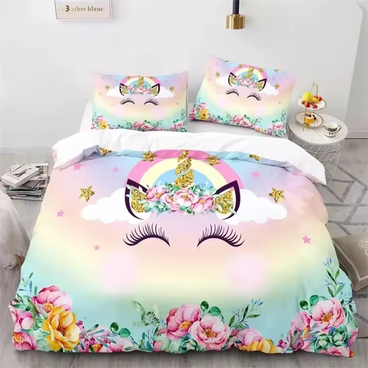Juego de Ropa de Cama de Unicornio de Dibujos Animados Funda de Edredón de Flecos Florales Arcoíris - 1