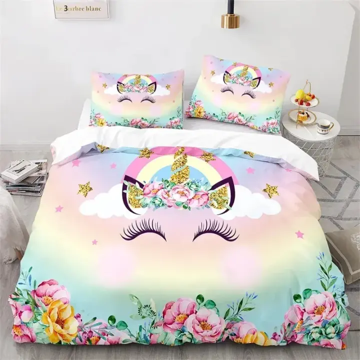 Juego de Ropa de Cama de Unicornio de Dibujos Animados Funda de Edredón de Flecos Florales Arcoíris - 1
