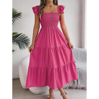 Elegante vestido largo de verano para mujer en color liso con escote cuadrado y aros decorativos, sin mangas, corte ajustado. - details 3