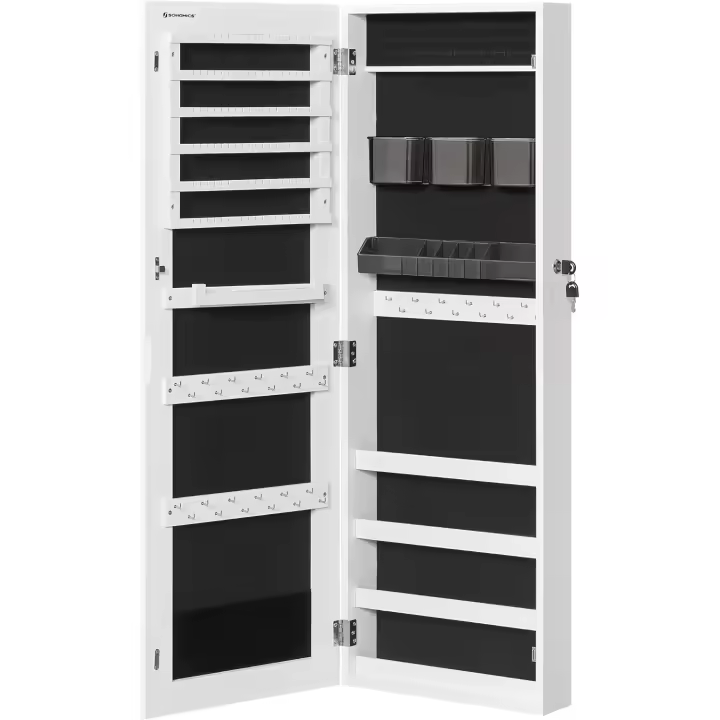 Armario Joyero, Espejo Joyero Montado en la Pared o en la Puerta, Espejo Colgante con Cerradura, 2 Organizadores de Maquillaje de Plástico Extraíbles, Idea de Regalo, Blanco JJC001W01 - 1