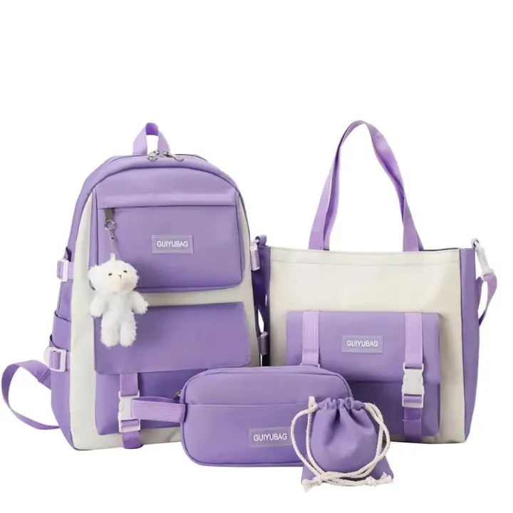 Mochila escolar, esencial para la escuela Juego de 4 piezas, con un colgante de oso, bonito y a la moda - 1