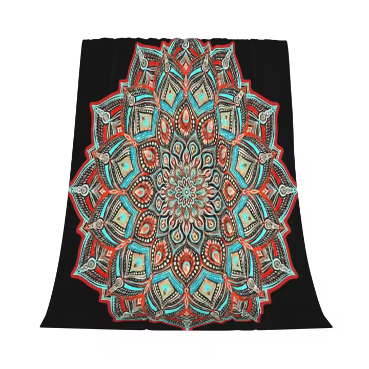 Manta de franela con Mandala pintada, color verde azulado, rojo y negro, para decoración de dormitorio y ropa de cama - 1