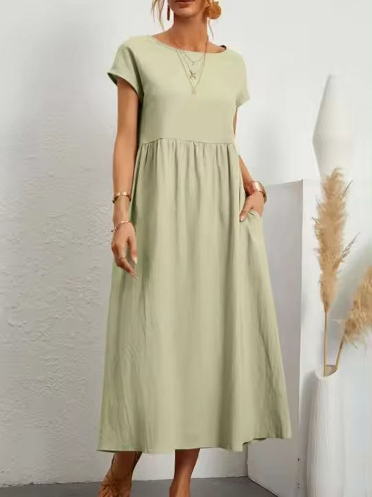 Vestido largo Vintage liso de verano con cuello redondo y manga corta de algodón para mujer, vestido veraniego holgado informal para mujer - 1