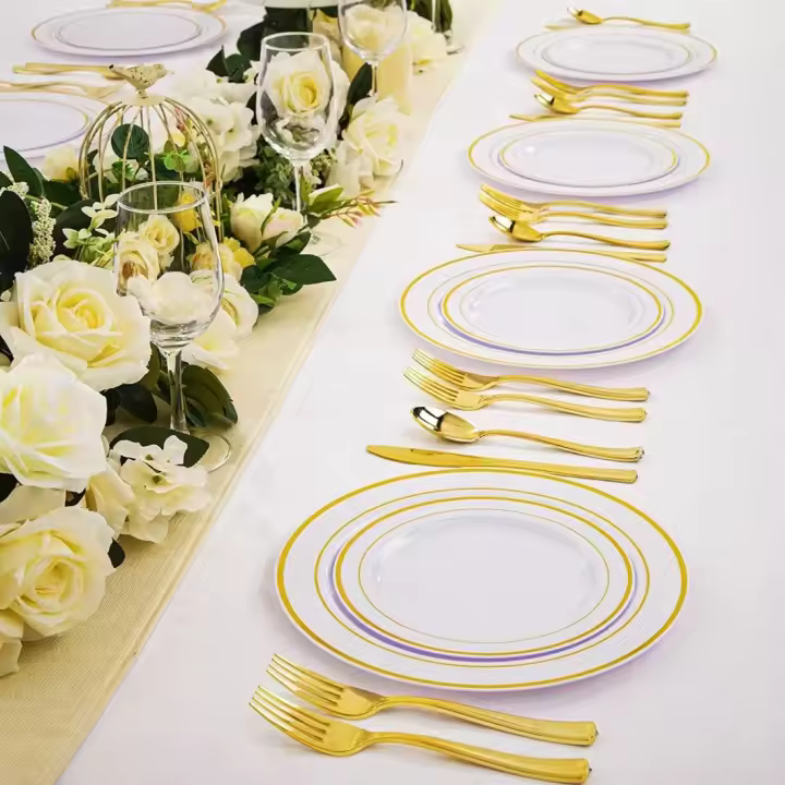 150 Piezas Vajilla de Plástico Reutilizable de Dorado, 25 Platos Llanos, 25 Platos de Ensalada, 25 Cuchillos, 25 Tenedores, 25 Piezas de Cucharas, 25 Vasos para Boda Aniversario Garden Party - 1