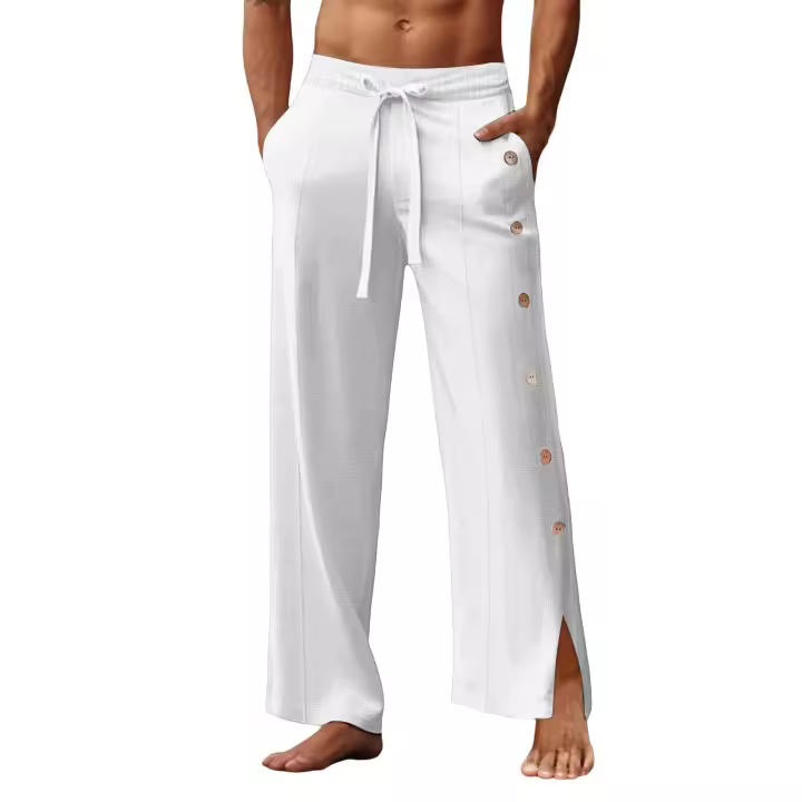 Pantalones de lino rasgados para hombre, pantalones informales con botón a presión y abertura alta, pantalones de Yoga para playa, pantalones de chándal ligeros de pierna ancha para correr - 1