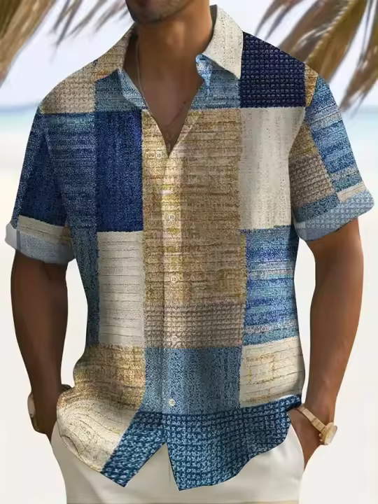 Camisa Retro para hombre, camisa hawaiana con estampado de celosía a la moda, pantalón corto informal de verano, cárdigan de manga, ropa Vintage de calle de gran tamaño - 1