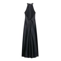 Vestido halter de satén estilo minimalista francés sin espalda para mujer, vestido midi con cremallera lateral y lazo, vestidos de - details 1