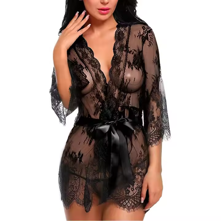 Conjunto de ropa de dormir tipo kimono para mujer, Babydoll para dormir, tela y tanga, junto con una nueva cintura térmica - 1