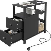 Mesita Auxiliar con Enchufe, Mesa Salón con 2 Cajones y 2 Estantes de Almacenaje, Mesa Delgada con Enchufe y Puertos USB, Apta para Salón y Dormitorio, Negro, 60x60x30 cm, BTS28sz - details 0