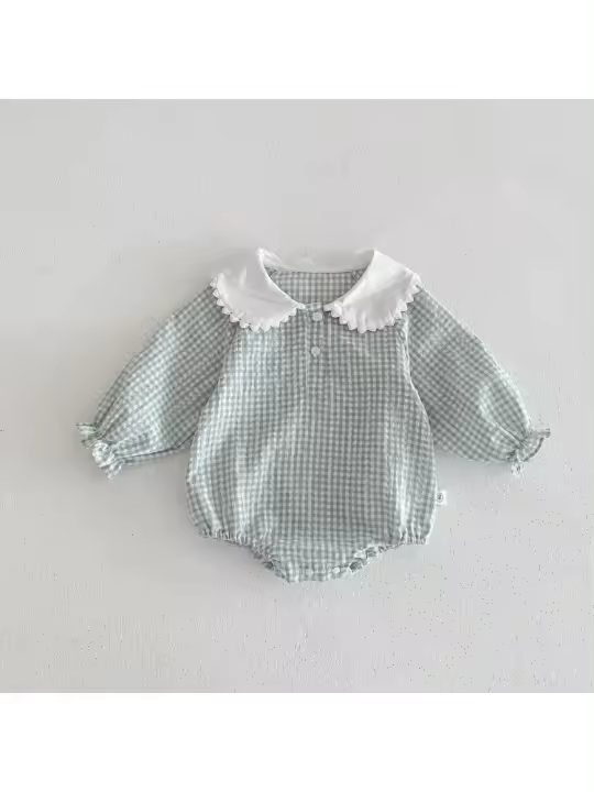 Ready Stock Mono para recién nacidos, pelele elegante a cuadros con cuello Peter Pan y cordón de manga larga para niñas de 0 a 2 años - 1