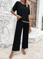 Conjuntos de punto de verano para mujer, trajes de 2 piezas, Tops de manga corta con pantalones, Negro S - details 7