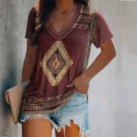 Camiseta con estampado Floral para mujer, Top de talla grande, Vintage, bohemio, cuello en V, informal, manga corta, primavera, verano, 46, 44, 42 - details 2