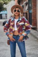 Abrigo de lana de mujer con botón de bolsillo de solapa suelta corta con patrón geométrico - details 23