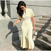 BUNO-Vestido Midi elegante de punto con una hilera de botones, vestidos de retales para mujer, bata de verano para mujer, batas negras y Beige para fiesta de noche - details 5