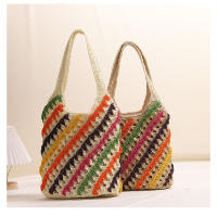Bolso de paja de un solo hombro con rayas coloridas, bolso tejido hueco, estilo de vacaciones, bolso de playa, bolso casual para mujeres - details 2
