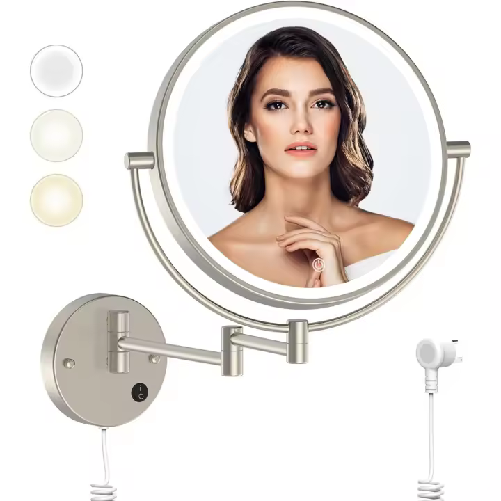 Rocollos Maquillaje iluminado de pared enchufable de 9 pulgadas, aumento de 1X/10X, tocador LED de doble cara súper grande para baño, 3 colores - 1