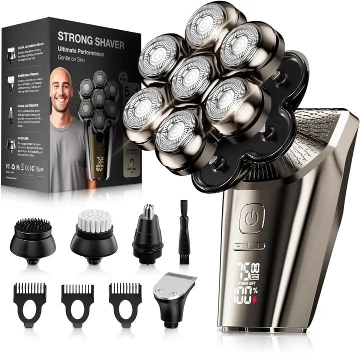 Afeitadoras de cabeza para hombres Calvo, Kit de afeitado de cabeza SHPAVVER 9 en 1, afeitadora rotativa IPX7 impermeable, uso en húmedo/Seco, afeitadoras eléctricas recargables, negro dorado, I - 1