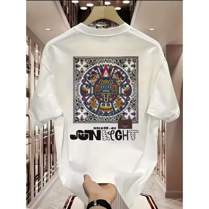 Camiseta Oversize de Algodón Retro Estampado Geométrico, Borde Asimétrico, Unisex - 1