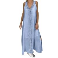 Vestido Largo de Encaje sin Mangas vintage Vestido de Verano Elegante con Cuello en V para Mujeres - details 3