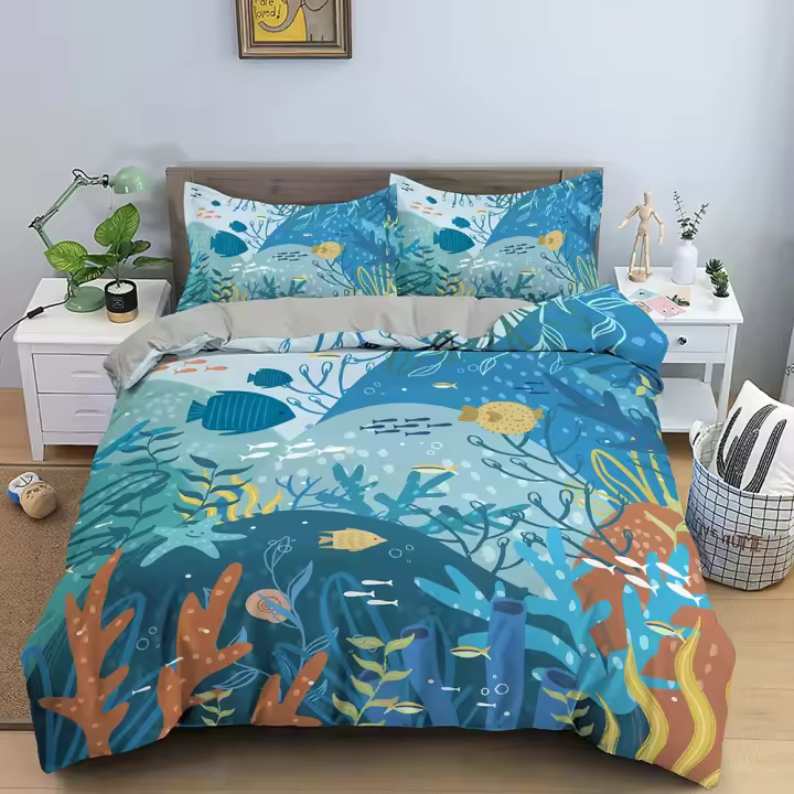 Juego de Ropa de Cama de Dibujos Animados de Mundo Subacuático Funda de Edredón, Funda de Almohada, Funda de Cama para Hombres, Mujeres, Niños Tamaño Rey, Reina, Twin - 1