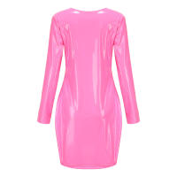Vestido corto de cuero PU con cremallera de imitación de colores, falda de cadera envuelta, cuello en V profundo, cuatro lados, elástico, 2024 - details 8