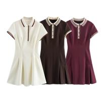 TRAFZA, moda de verano para mujer, vestido acampanado plisado ancho acanalado con contraste, vestido elegante de manga corta con cuello vuelto y botones para mujer - details 1