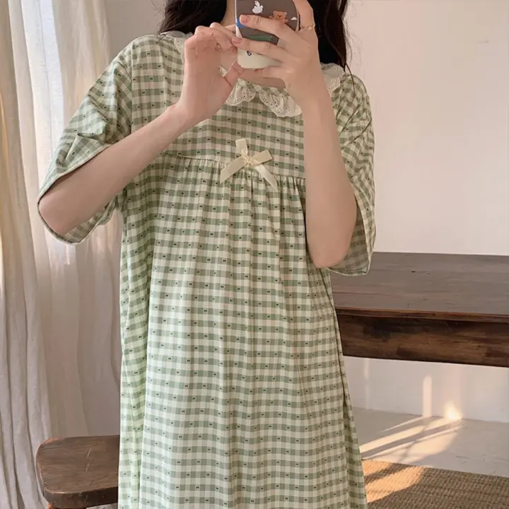 Pijama De Verano Para Mujer Camisón De Encaje Floral Talla Grande Cuello Redondo Manga Corta Algodón Y Poliéster Midi Ajustado - 1