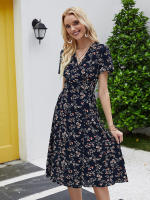 Vestido de playa de fiesta de línea A elegante dividido con cuello en V de manga corta bohemio con estampado floral de verano para mujer - details 25