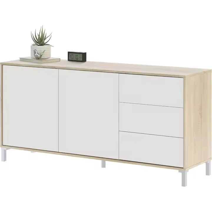 Habitdesign Módulo de TV 2 Puertas y 2 Cajones, Mueble TV, Modelo Brooklyn, Acabado en Roble Canadiense y Blanco Artik, Medidas: 130 cm (Ancho) x 47 cm (Alto) x 41 cm (Fondo) - 1