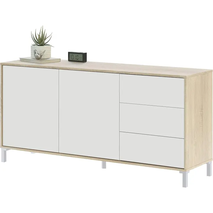 Habitdesign Módulo de TV 2 Puertas y 2 Cajones, Mueble TV, Modelo Brooklyn, Acabado en Roble Canadiense y Blanco Artik, Medidas: 130 cm (Ancho) x 47 cm (Alto) x 41 cm (Fondo) - 1