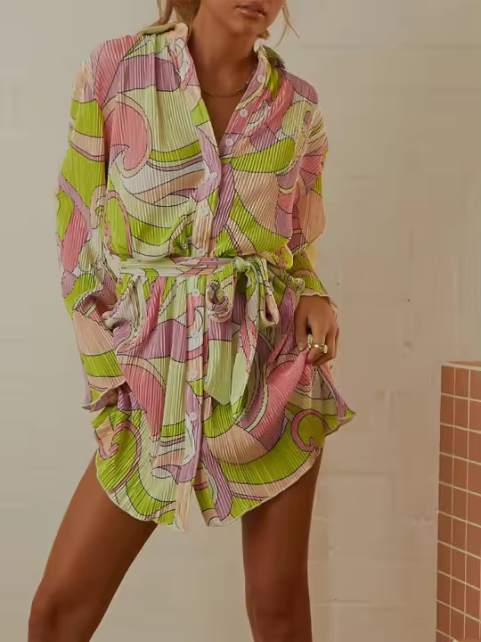 Women Pleated Long Sleve Single Breasted with Sashes Turn-down Neck Pleated Slim Dress 2023 Casual Street Dresses - 1