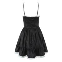 Estilo retro francés verano Spice Girl vacaciones princesa viento malla empalme jacquard liguero vestido cintura delgada falda negra. - details 2
