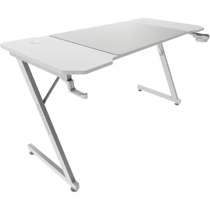 Mesa Gaming Ergonómica, Superficie en Fibra de Carbono, Estructura Metálica, Alfombrilla XXL, Soporte Auriculares y Bebida, Gestión Cableado, Escritorio PC 140x60cm, Blanco - 1