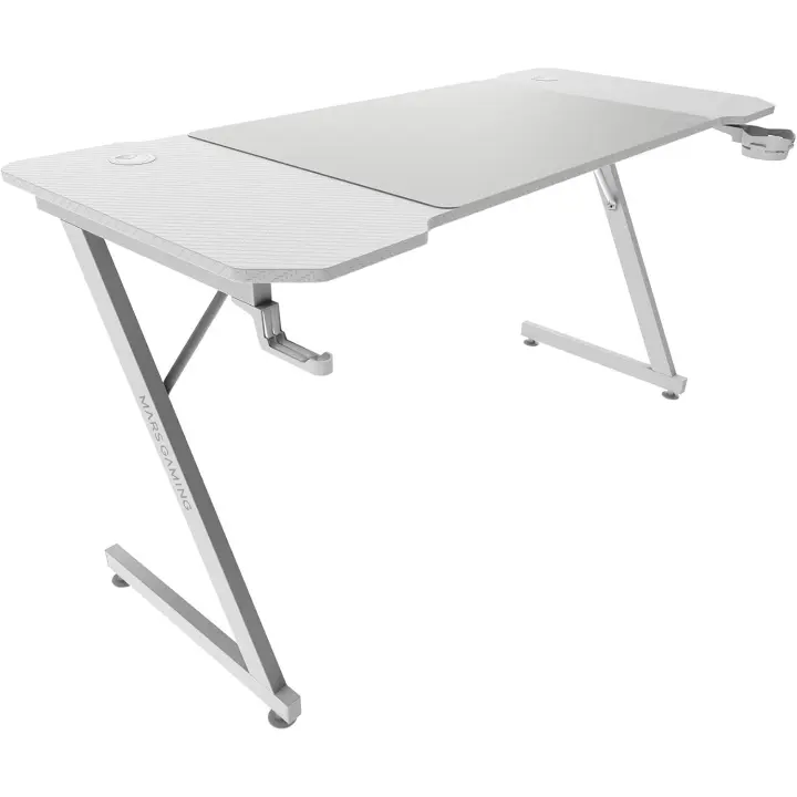 Mesa Gaming Ergonómica, Superficie en Fibra de Carbono, Estructura Metálica, Alfombrilla XXL, Soporte Auriculares y Bebida, Gestión Cableado, Escritorio PC 140x60cm, Blanco - 1