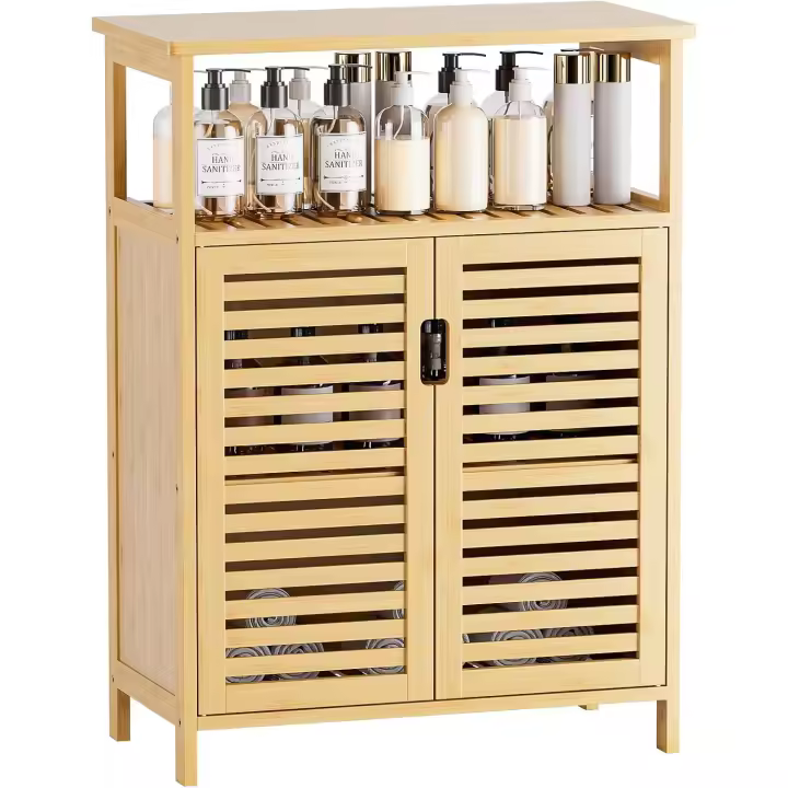 Armario de Baño, Organizador de Almacenaje Lateral de Bambú con Puertas de Doble Persiana y Estantes, Armario de Suelo Independiente para Salón, Cocina, Entrada, Natural - 1
