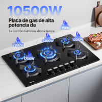 Placa de gas WEHIMO de 5 quemadores, 77 cm, empotrada en cristal, grosor 8 mm, color negro, con protección automática contra llamas, para gas natural o GLP, 10 500 W, 127-240 V - details 4