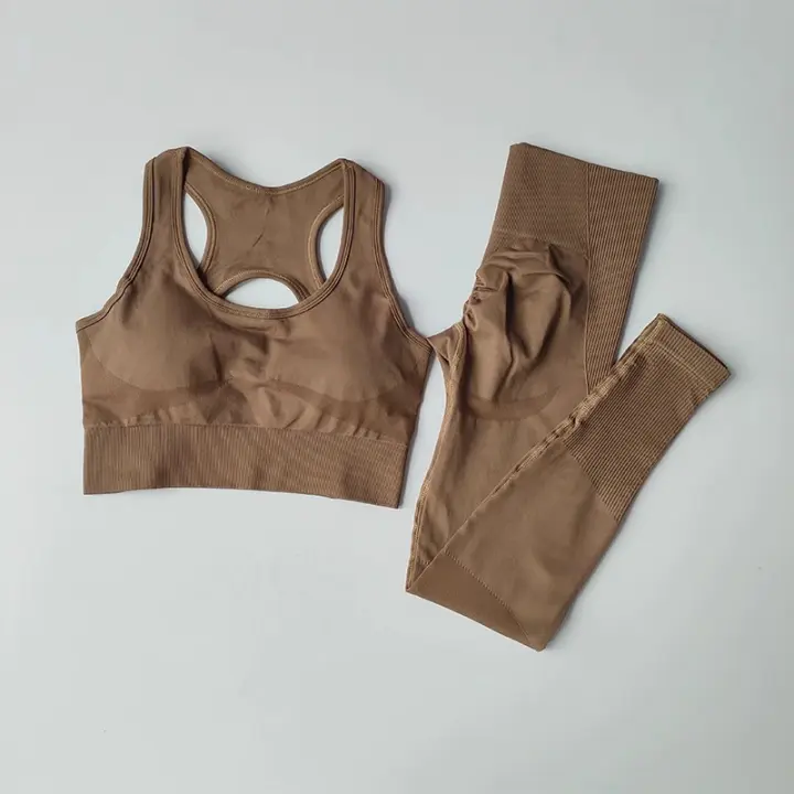 Conjunto de Yoga Sin Costuras Conjunto Deportivo para Mujer de Nylon Sólido con Cuello Redondo - 1