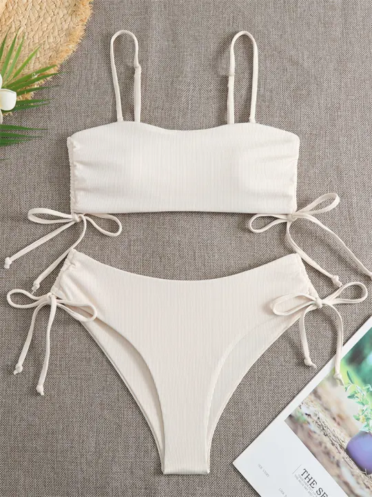 bikini negro liso para mujer, conjunto de traje de baño de dos piezas, cintura alta y tanga de encaje - 1
